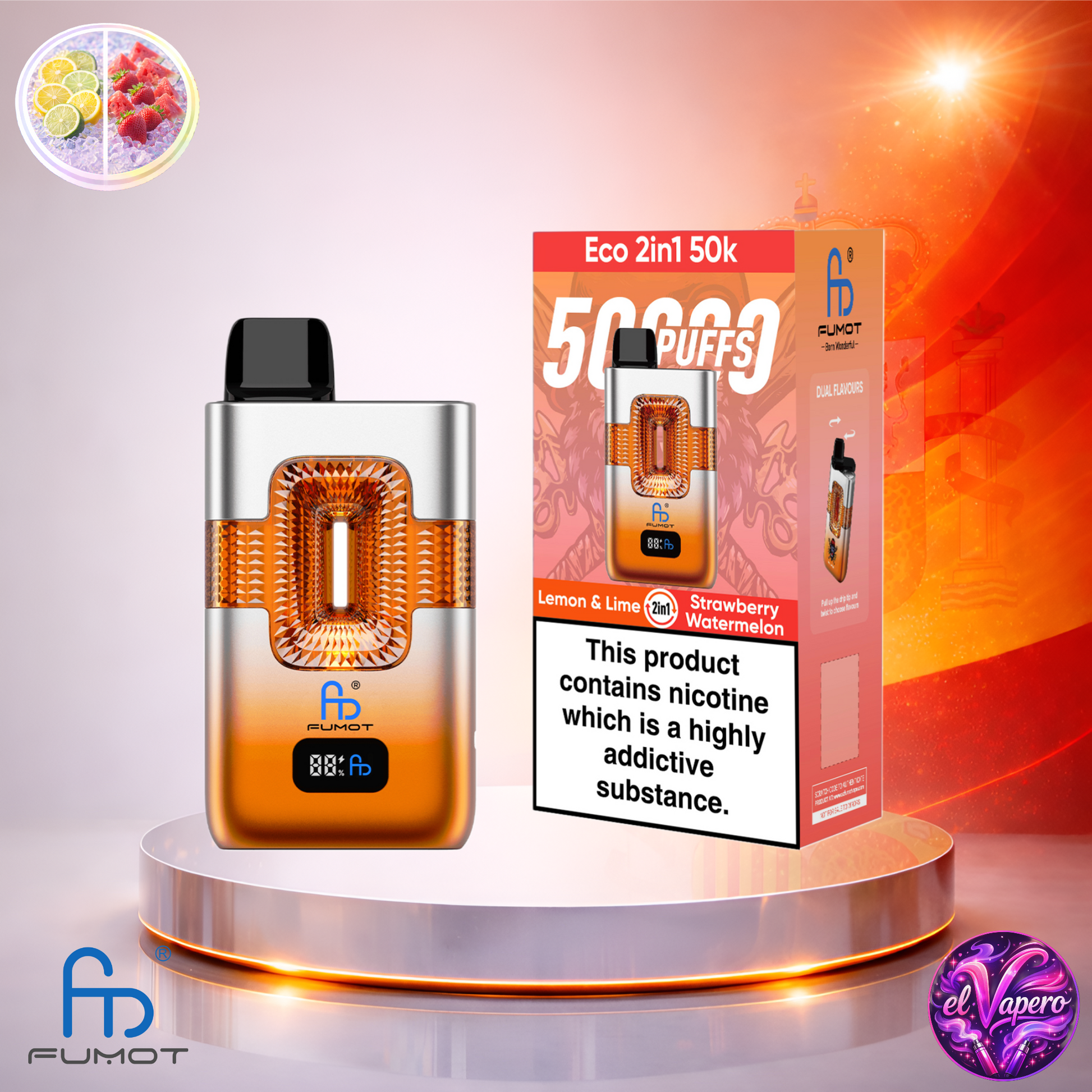 Vapers Desechables - Cigarrillo Electrónico - España - Fumot - Eco 2 En 1 - 50K - Lemon Lime Strawberry Watermelon 50000 Caladas - Los más baratos