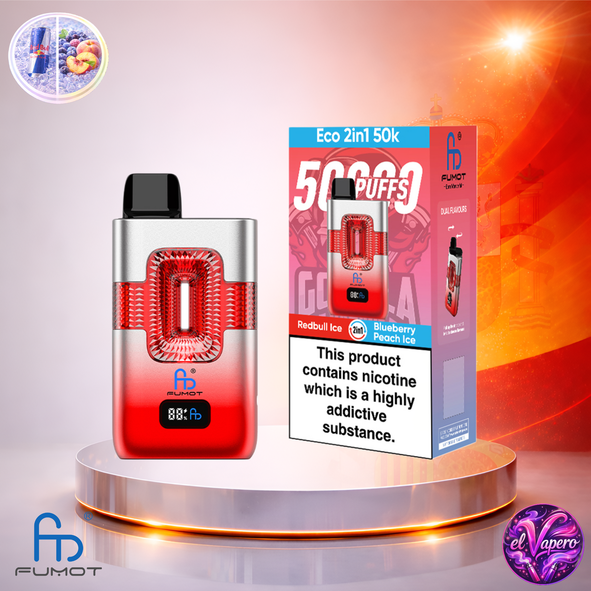 Vapers Desechables - Cigarrillo Electrónico - España - Fumot - Eco 2 En 1 - 50K - Redbull Ice Blueberry Peach Ice 50000 Caladas - El mejor precio