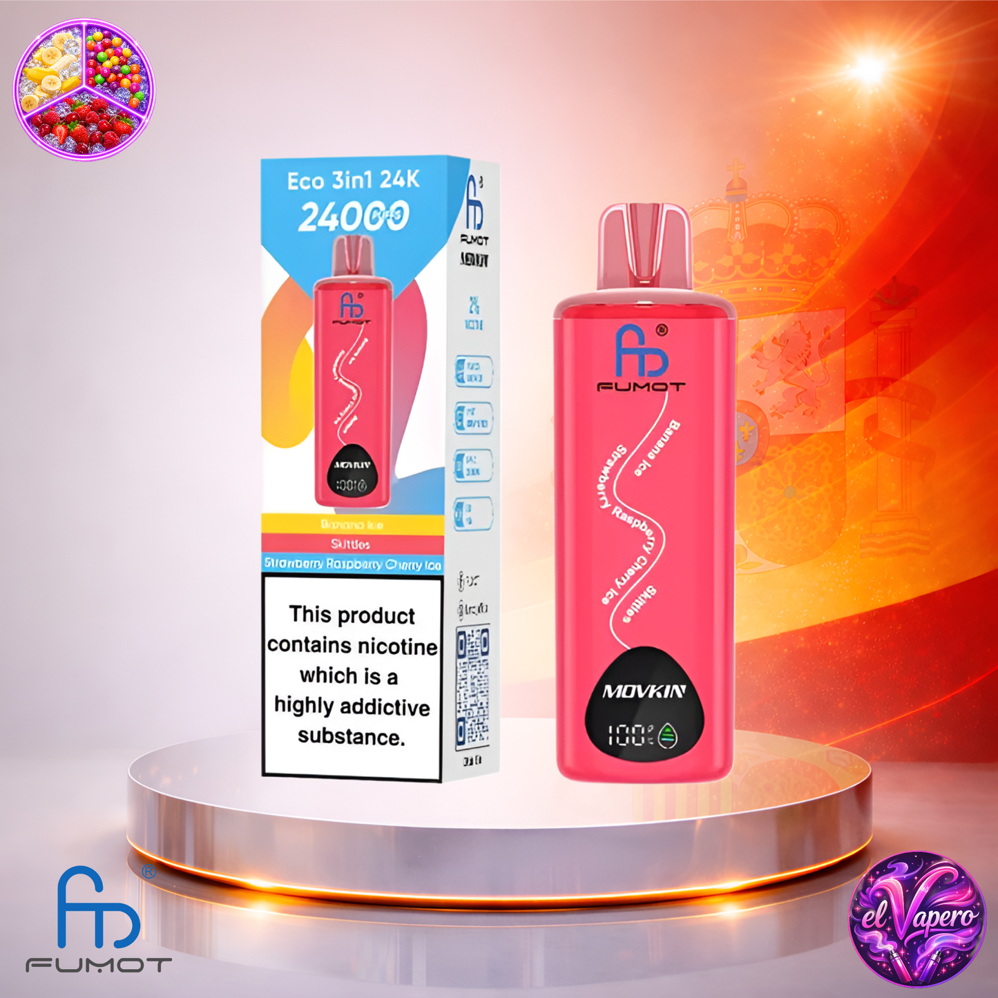 Vapers Desechables - Cigarrillo Electrónico - España - Fumot - Eco 3in1 - 24K - Banana Ice Skittles Strawberry Raspberry Cherry Ice 24000 Caladas - El mejor precio