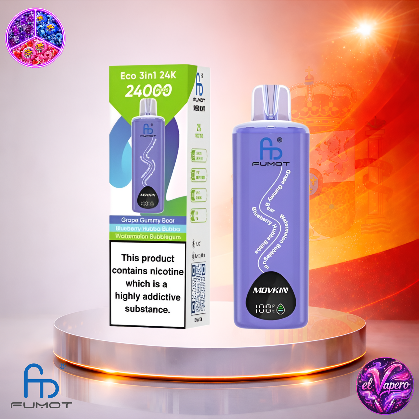 Vapers Desechables - Cigarrillo Electrónico - España - Fumot - Eco 3in1 - 24K - Grape Gummy Bear Blueberry Hubba Bubba Watermelon Bubblegum 24000 Caladas - Los más baratos