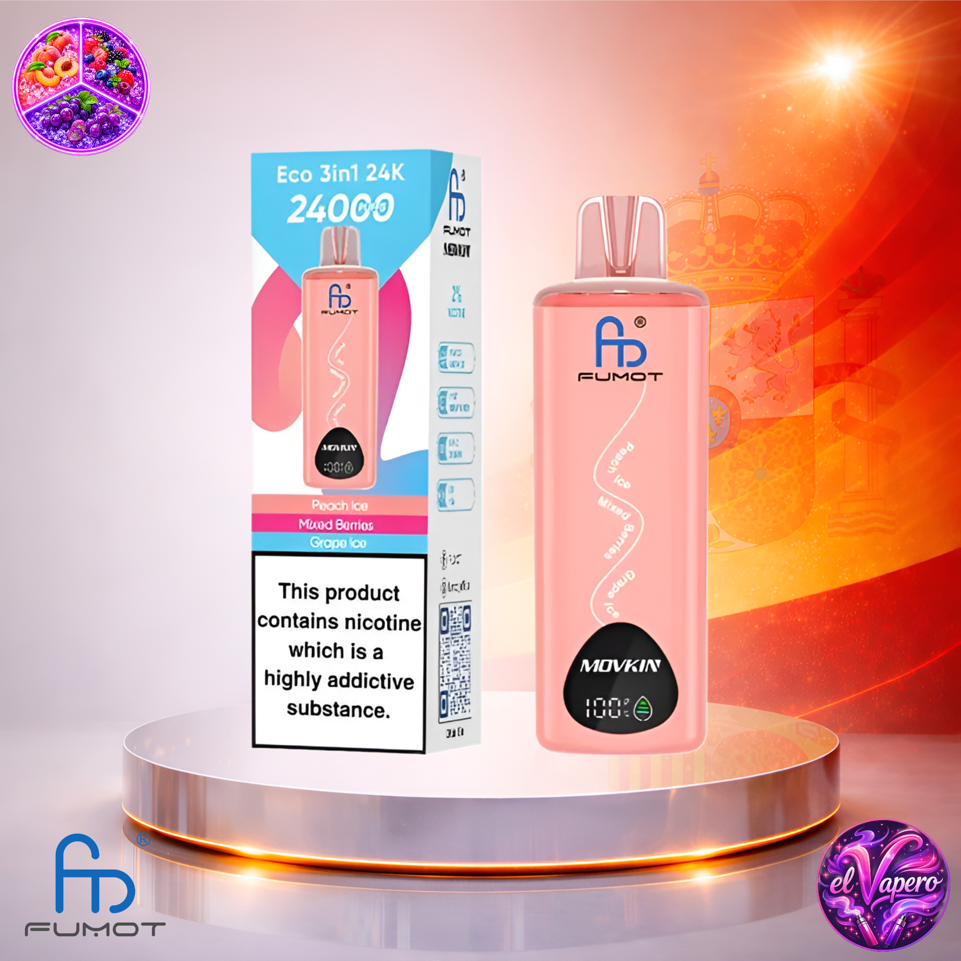 Vapers Desechables - Cigarrillo Electrónico - España - Fumot - Eco 3in1 - 24K - Peach Ice Mixed Berries Grape Ice 24000 Caladas - El mejor precio