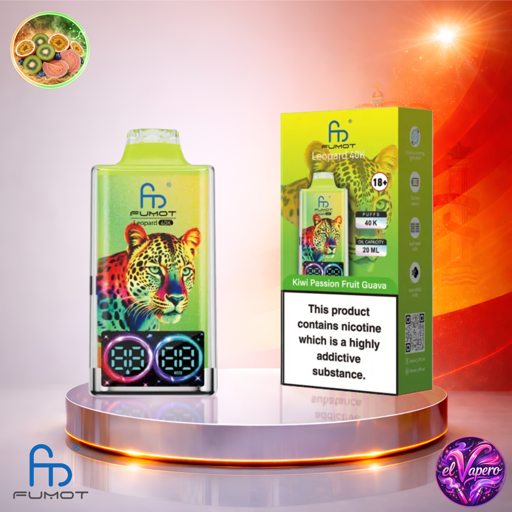 Vapers Desechables - Cigarrillo electrónico - España - Fumot - Leopard - 40K - Kiwi Passion Fruit Guava 40000 Caladas - El mejor precio