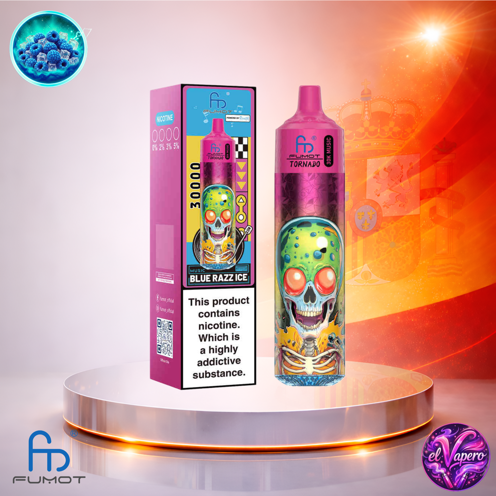 Vapers Desechables - Cigarrillo electrónico - España - Fumot - RandM - Tornado - 30K - Blue Razz Ice 30000 Caladas - Más baratos