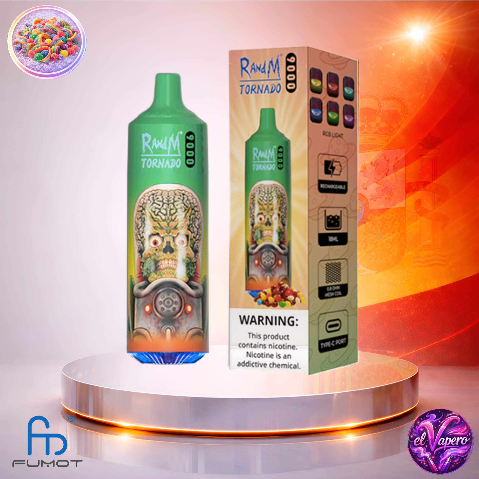 Vapers Desechables - Cigarrillo electrónico - España - Fumot - RandM Tornado - 9K - Rainbow Candy 9000 Caladas - Más baratos