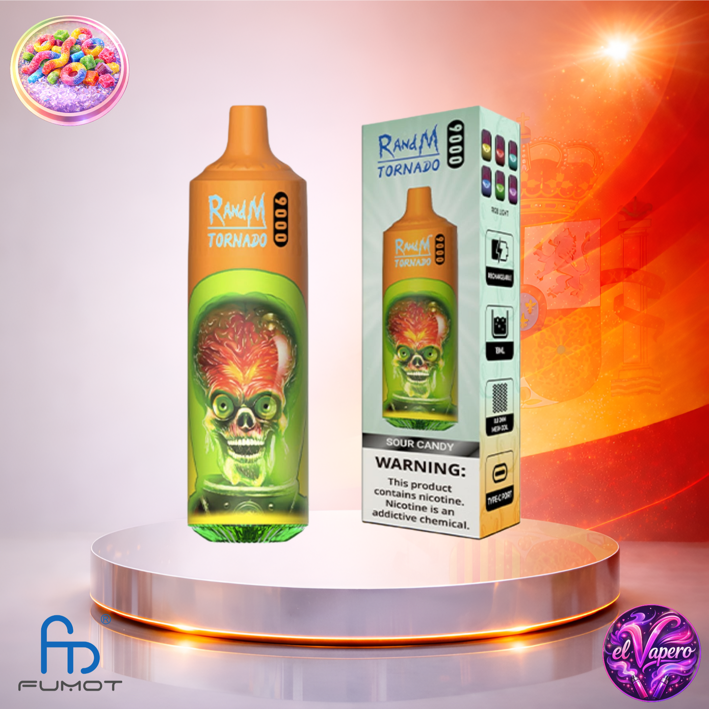 Vapers Desechables - Cigarrillo electrónico - España - Fumot - RandM Tornado - 9K - Sour Candy 9000 Caladas - El mejor precio