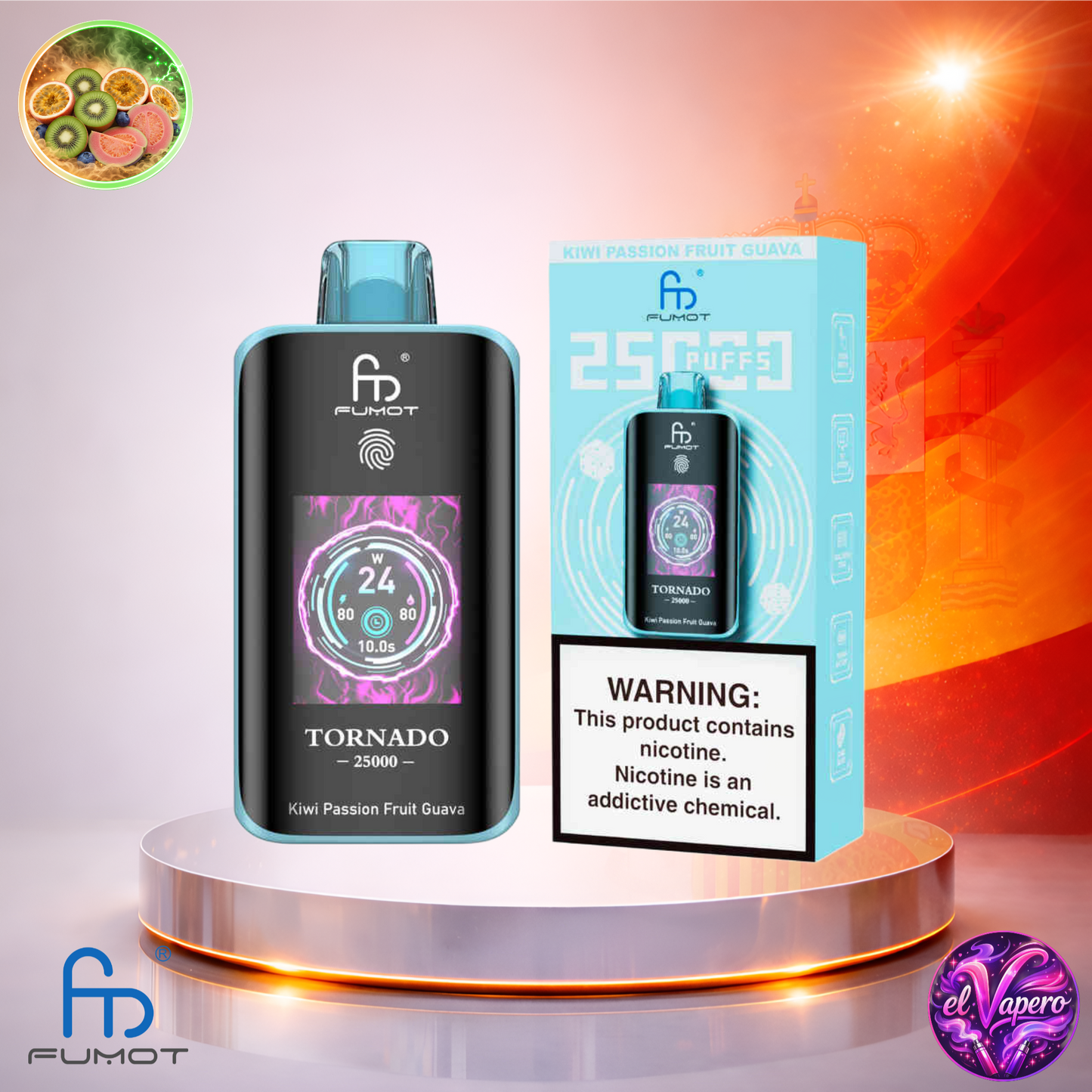 Vapers Desechables - Cigarrillo electrónico - España - Fumot - Tornado - 25K - Kiwi Passion Fruit Guava 25000 Caladas - Más baratos