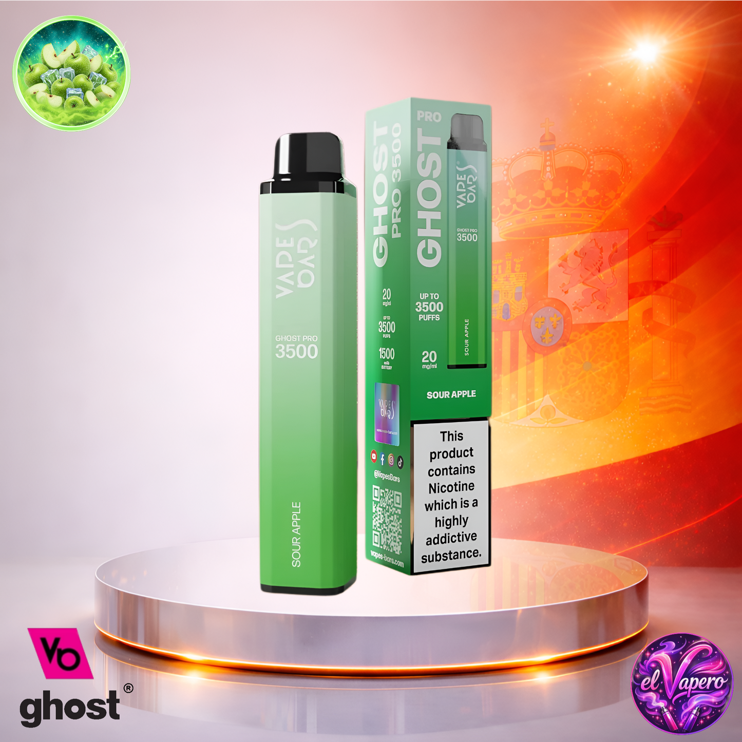 Vapers Desechables - Cigarrillo Electrónico - España - Ghost Pro 3500 - Sour Apple 3500 Caladas - Los más baratos