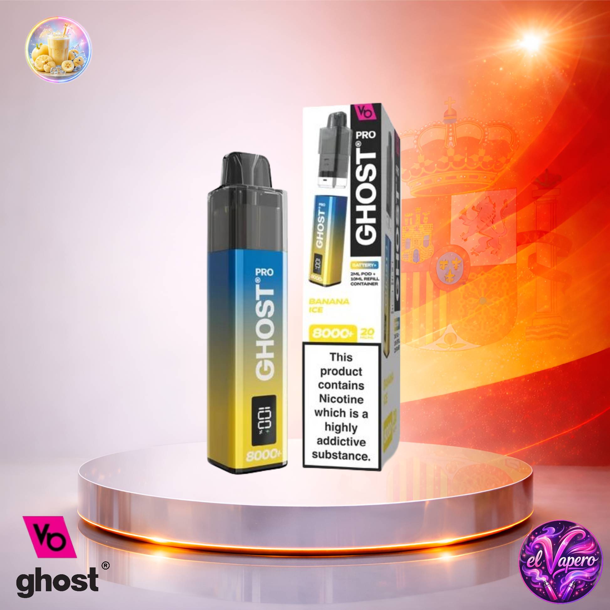 Vaper desechable Ghost Pro 8K España Banana Ice con hasta 8000 caladas y refrescante sabor a plátano helado