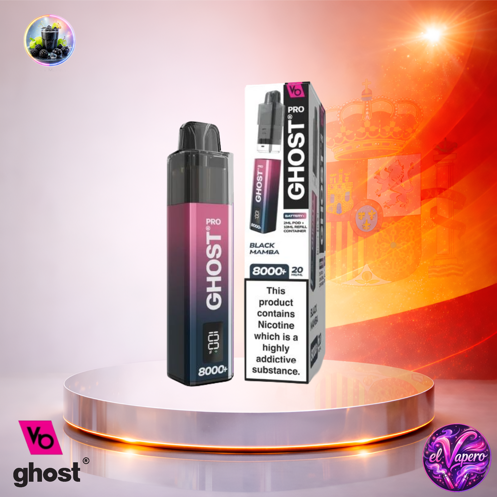 Vape desechable Ghost Pro 8K España Black Mamba con hasta 8000 caladas y sabor intenso a frutas tropicales