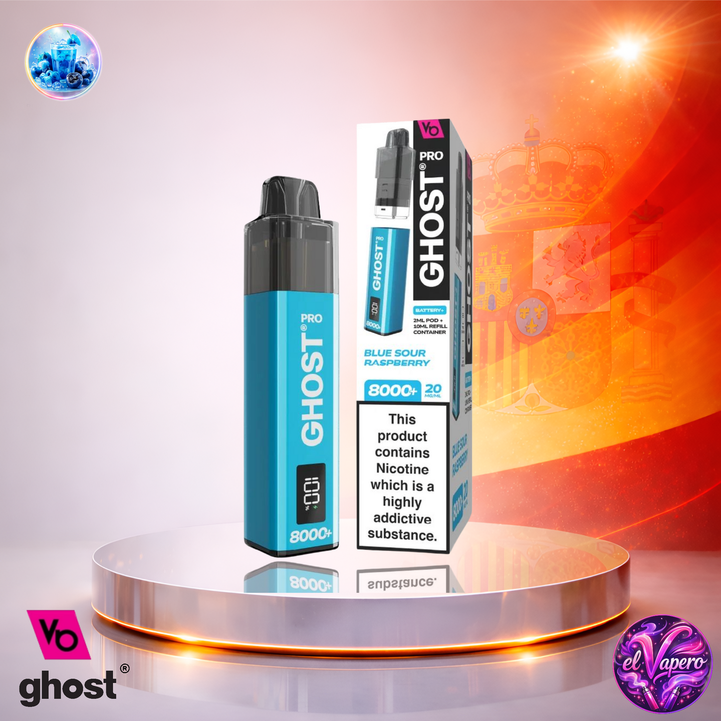 Vaper desechable Ghost Pro 8K España Blue Sour Raspberry con hasta 8000 caladas y sabor ácido a frambuesa azul
