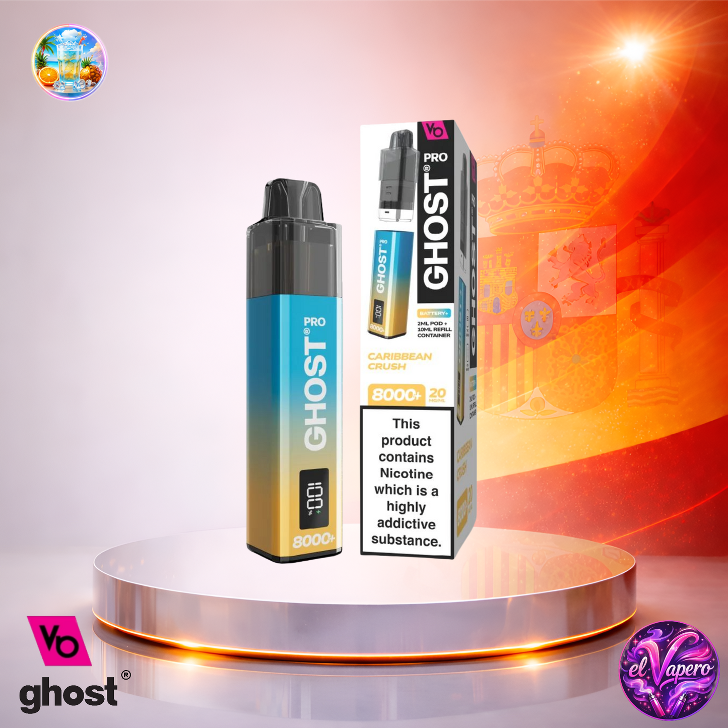 Vape desechable Ghost Pro 8K España Caribbean Crush con hasta 8000 caladas y sabor tropical a frutas exóticas