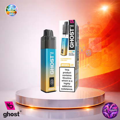 Vape desechable Ghost Pro 8K España Caribbean Crush con hasta 8000 caladas y sabor tropical a frutas exóticas