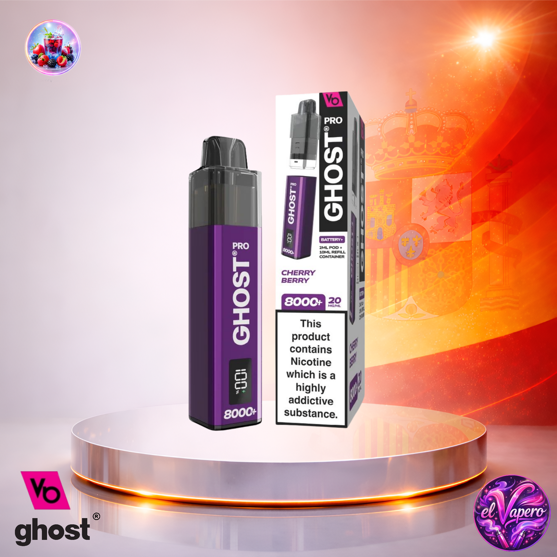 Cigarrillo electrónico desechable Ghost Pro 8K España Cherry Berry con hasta 8000 caladas y sabor a cereza y frutos rojos