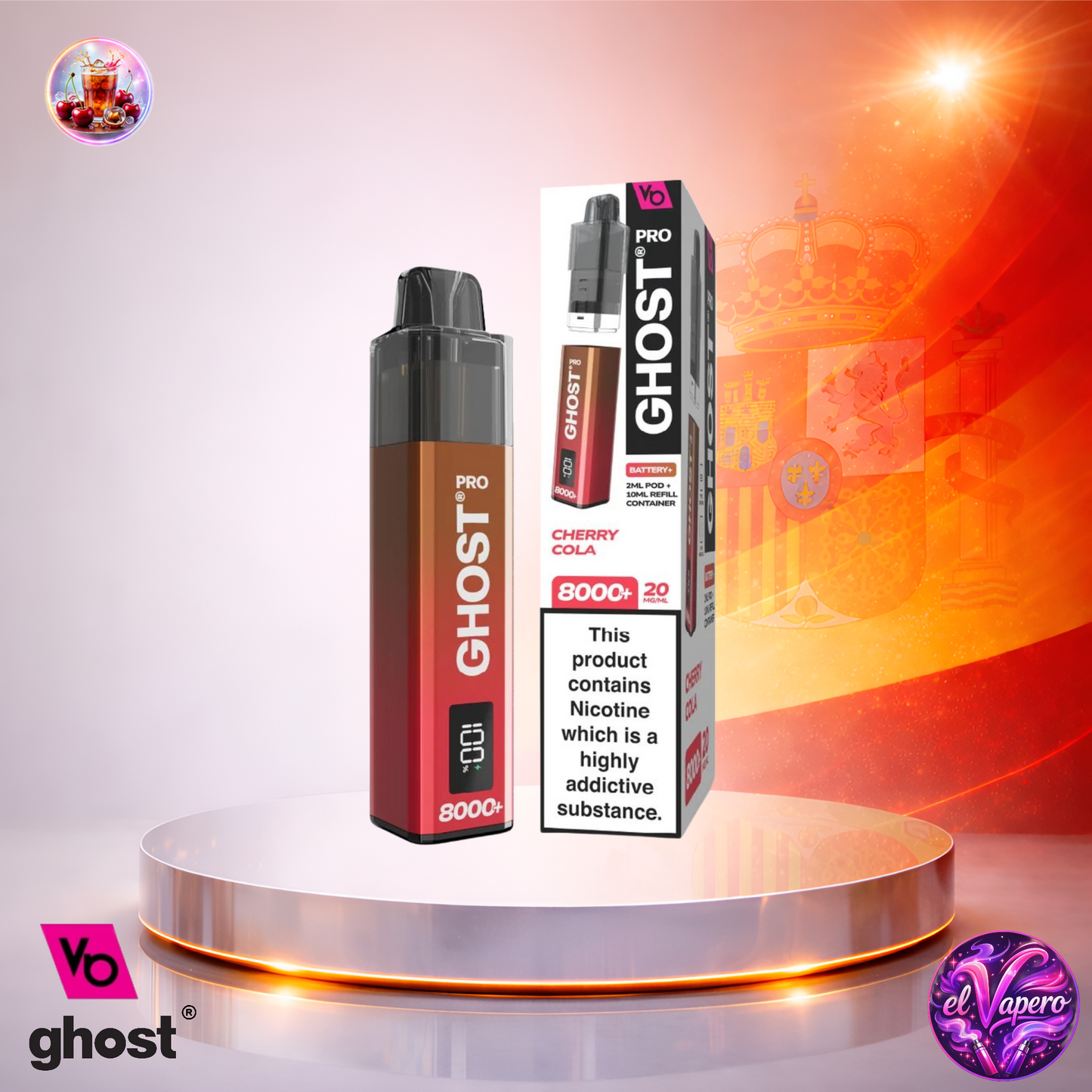 Vaper desechable Ghost Pro 8K España Cherry Cola con hasta 8000 caladas y sabor a cola con cereza