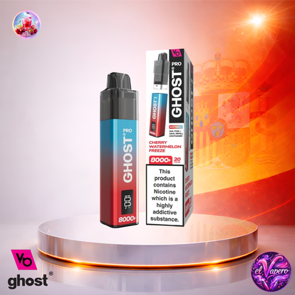 Vape desechable Ghost Pro 8K España Cherry Watermelon Freeze con hasta 8000 caladas y refrescante sabor a cereza y sandía helada