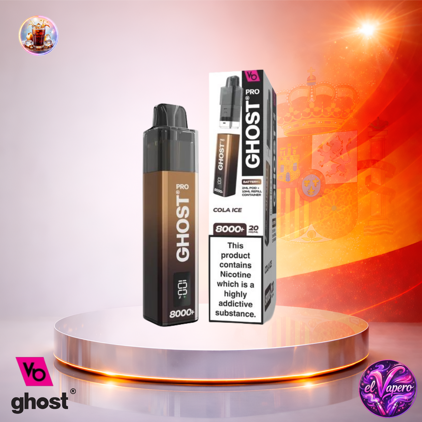 Cigarrillo electrónico desechable Ghost Pro 8K España Cola Ice con hasta 8000 caladas y refrescante sabor a cola helada