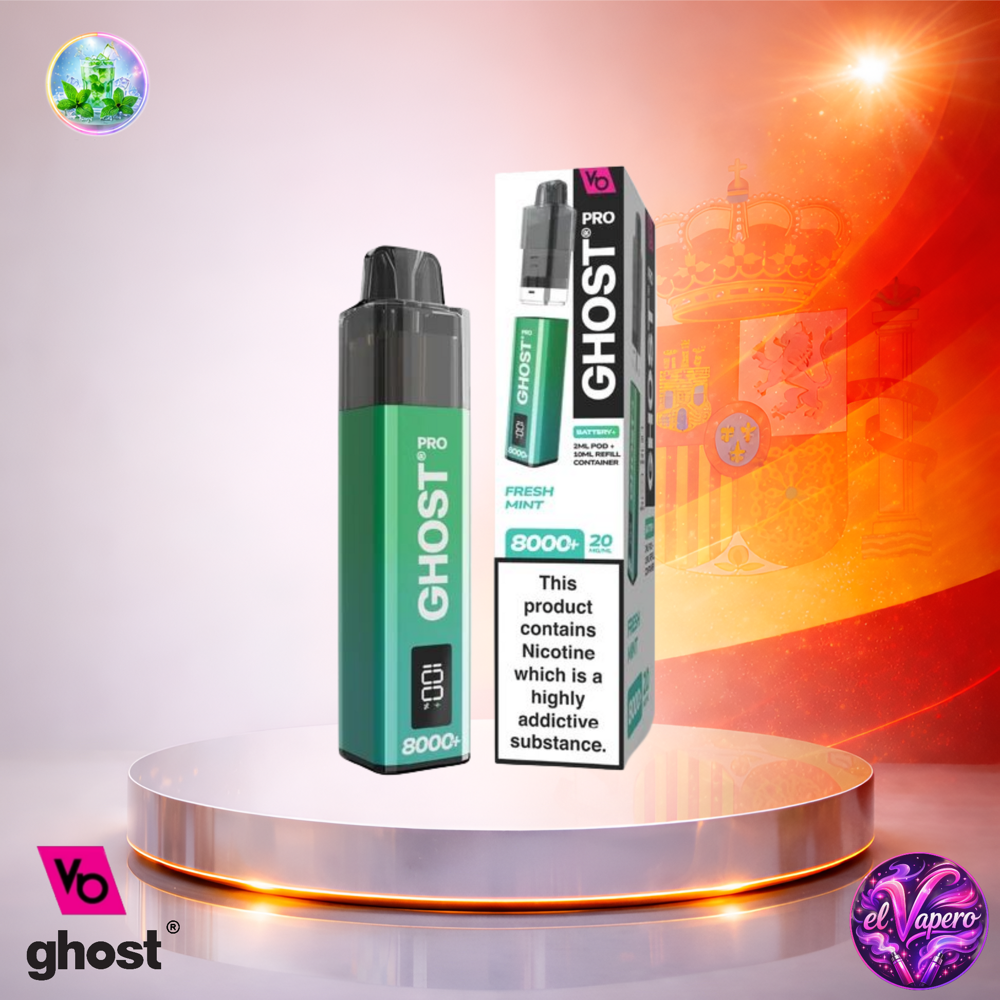 Vaper desechable Ghost Pro 8K España Fresh Mint con hasta 8000 caladas y refrescante sabor a menta