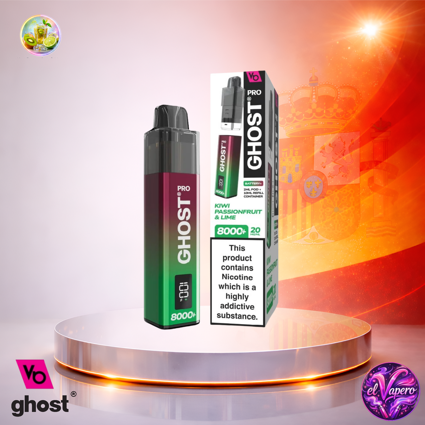 Vaper desechable Ghost Pro 8K España Kiwi Passionfruit Lime con hasta 8000 caladas y sabor tropical a kiwi, maracuyá y lima