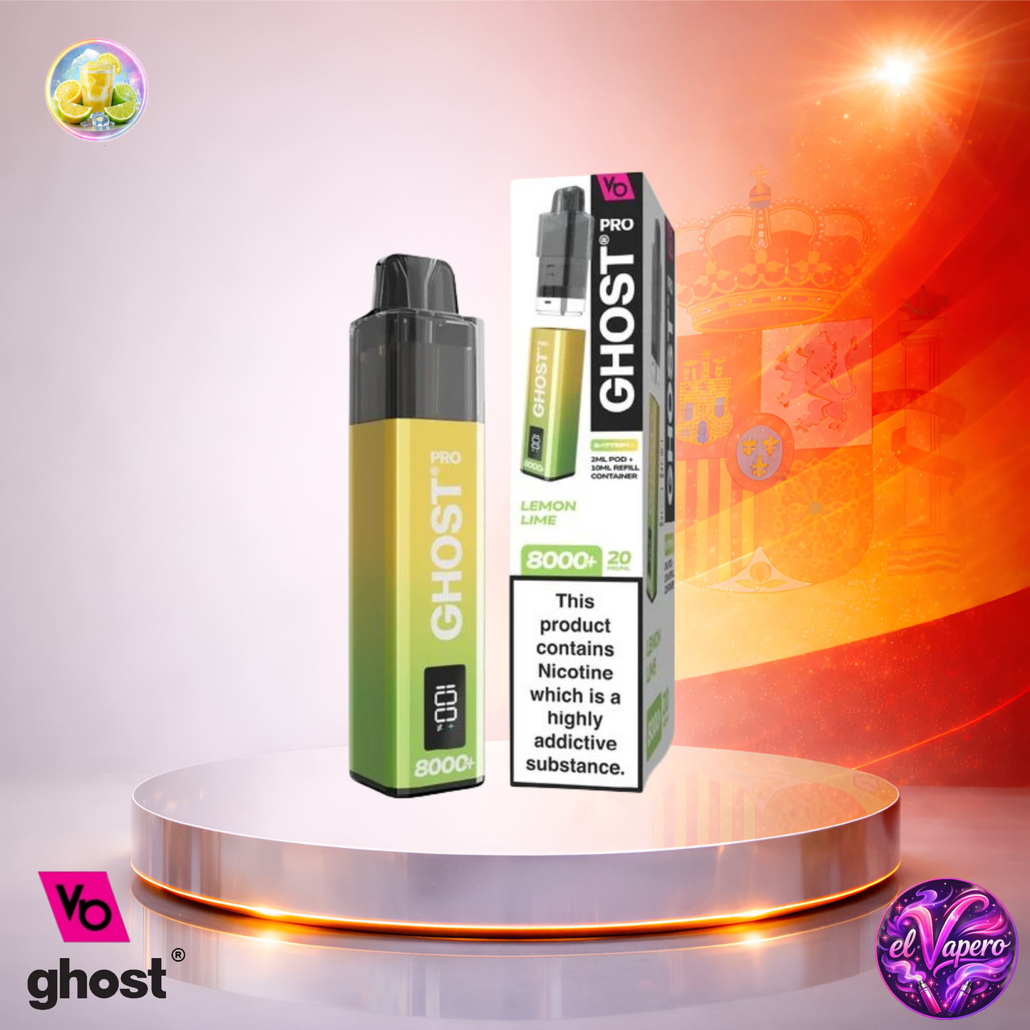 Cigarrillo electrónico desechable Ghost Pro 8K España Lemon Lime con hasta 8000 caladas y refrescante sabor a limón y lima