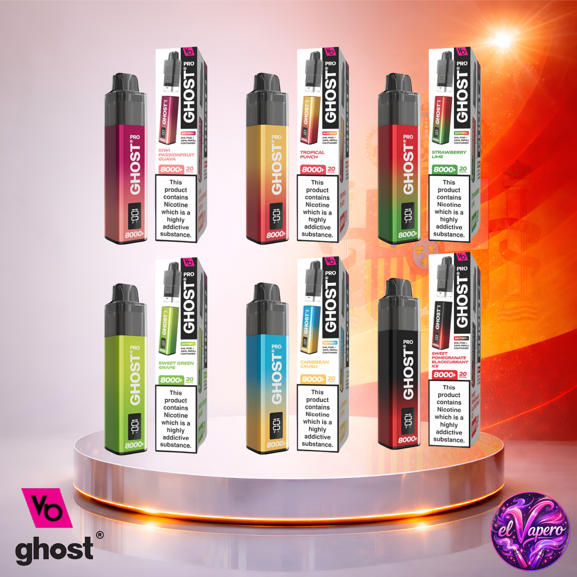 Cigarrillo electrónico desechable Ghost Pro 8K España Mix 2 con hasta 8000 caladas disponible en ElVapero.es