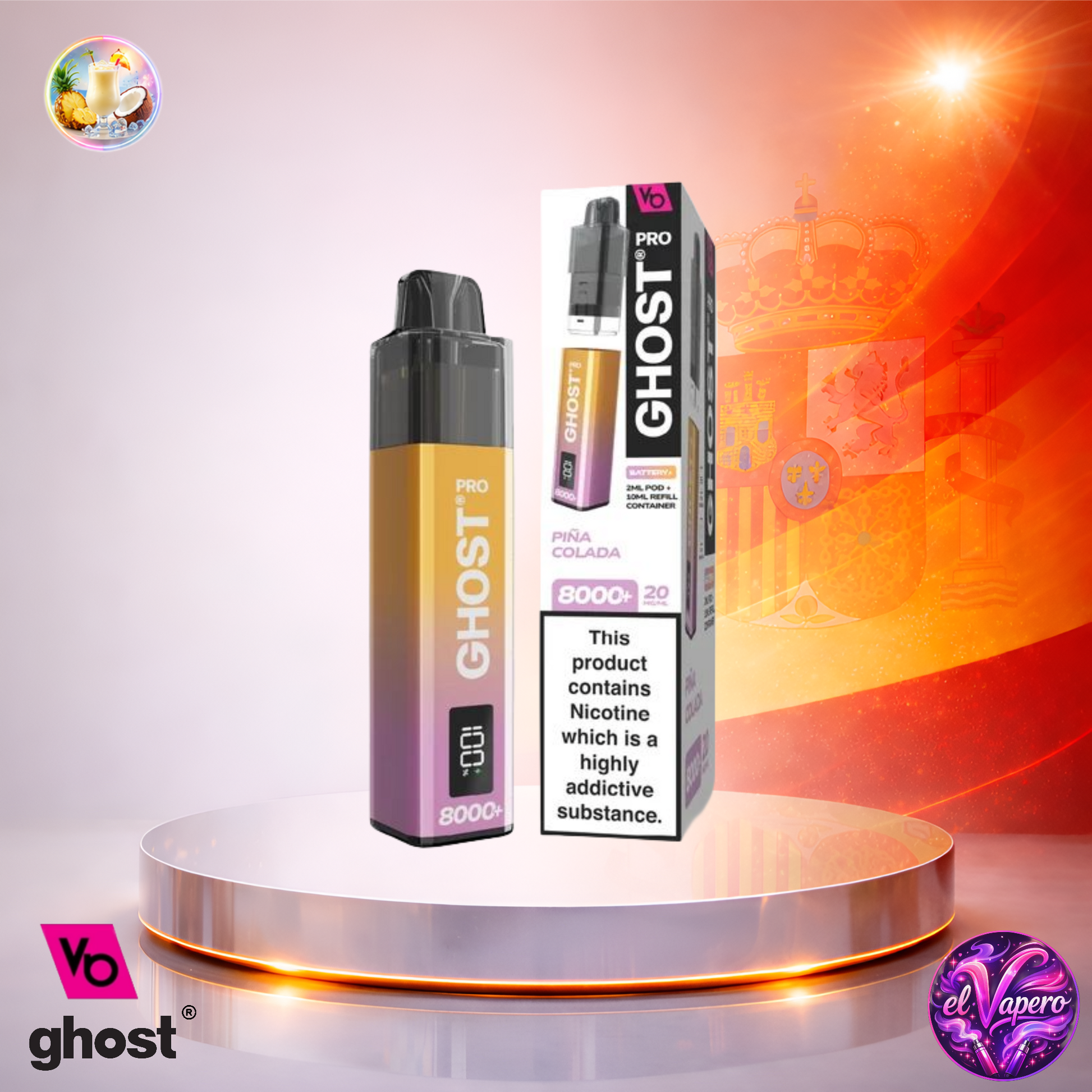 Vaper desechable Ghost Pro 8K España Piña Colada con hasta 8000 caladas y sabor tropical a piña y coco