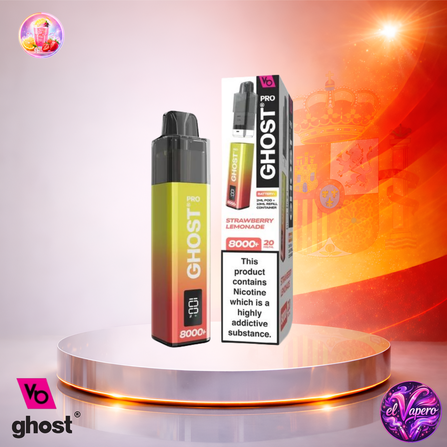 Cigarrillo electrónico desechable Ghost Pro 8K España Strawberry Lemonade con hasta 8000 caladas y sabor a limonada de fresa