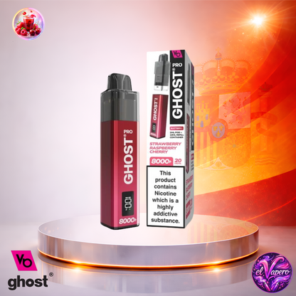 Vaper desechable Ghost Pro 8K España Strawberry Raspberry Cherry con hasta 8000 caladas y sabor a fresa, frambuesa y cereza