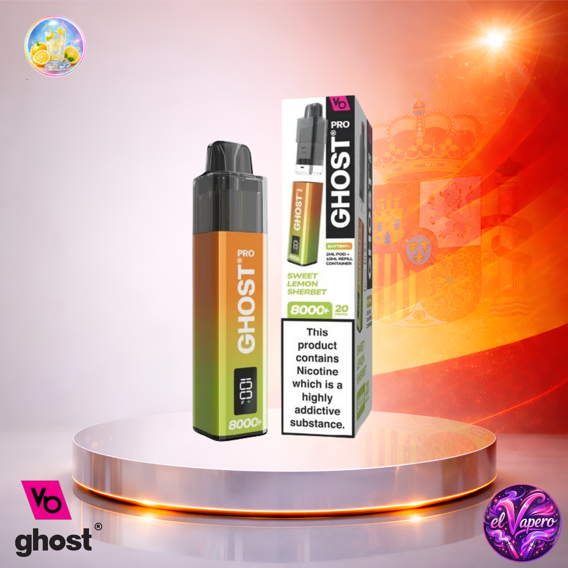 Cigarrillo electrónico desechable Ghost Pro 8K España Sweet Lemon Sherbet con hasta 8000 caladas y sabor dulce a sorbete de limón