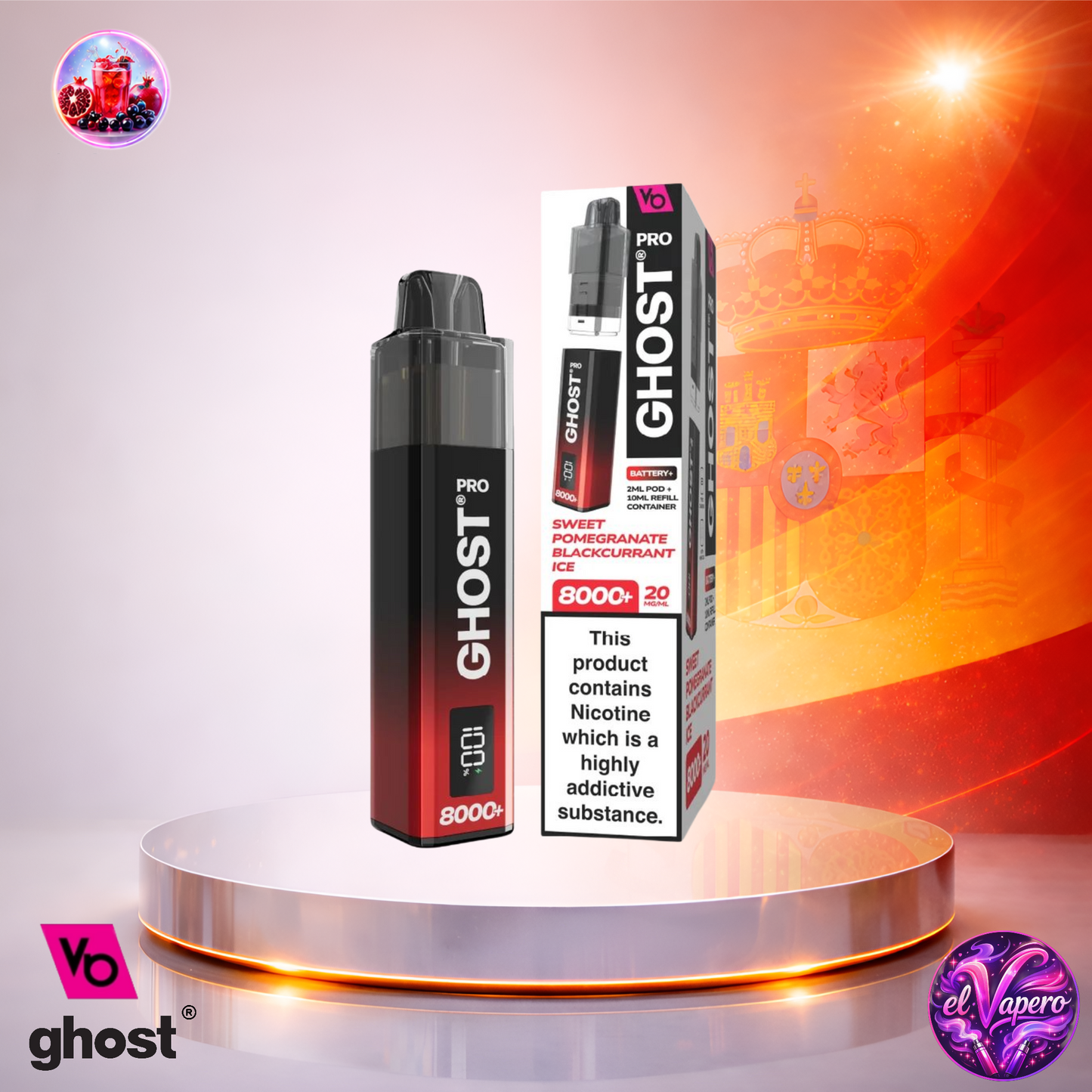 Vaper desechable Ghost Pro 8K España Sweet Pomegranate Blackcurrant Ice con hasta 8000 caladas y sabor dulce a granada, grosella negra y hielo