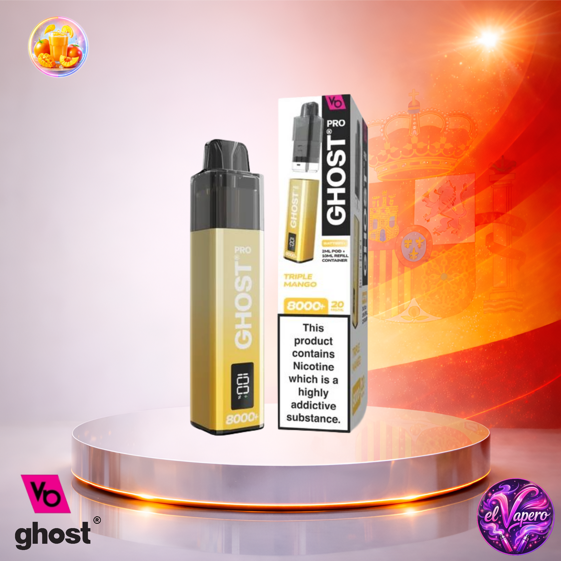 Vape desechable Ghost Pro 8K España Triple Mango con hasta 8000 caladas y delicioso sabor a mango