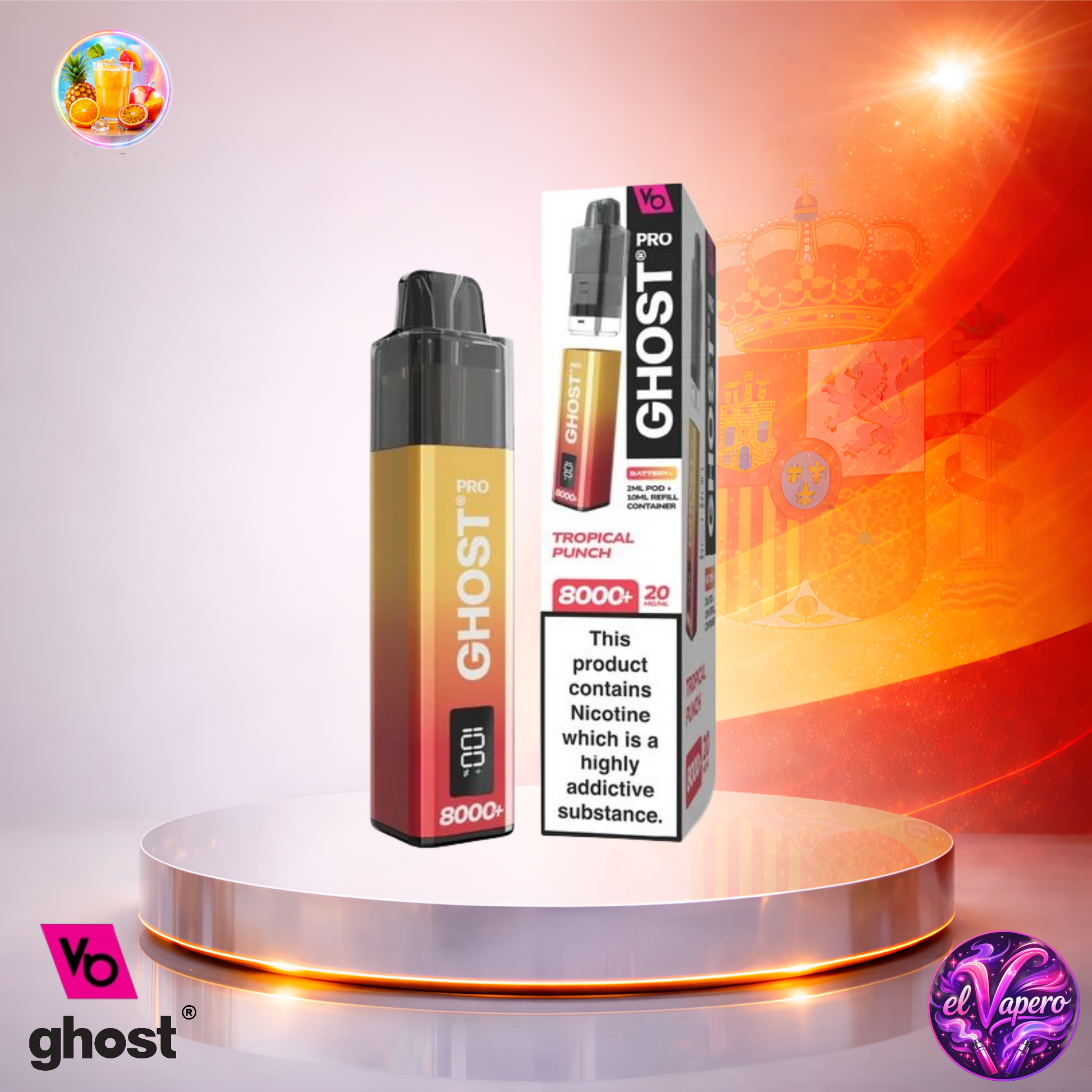 Vaper desechable Ghost Pro 8K España Tropical Punch con hasta 8000 caladas y sabor tropical
