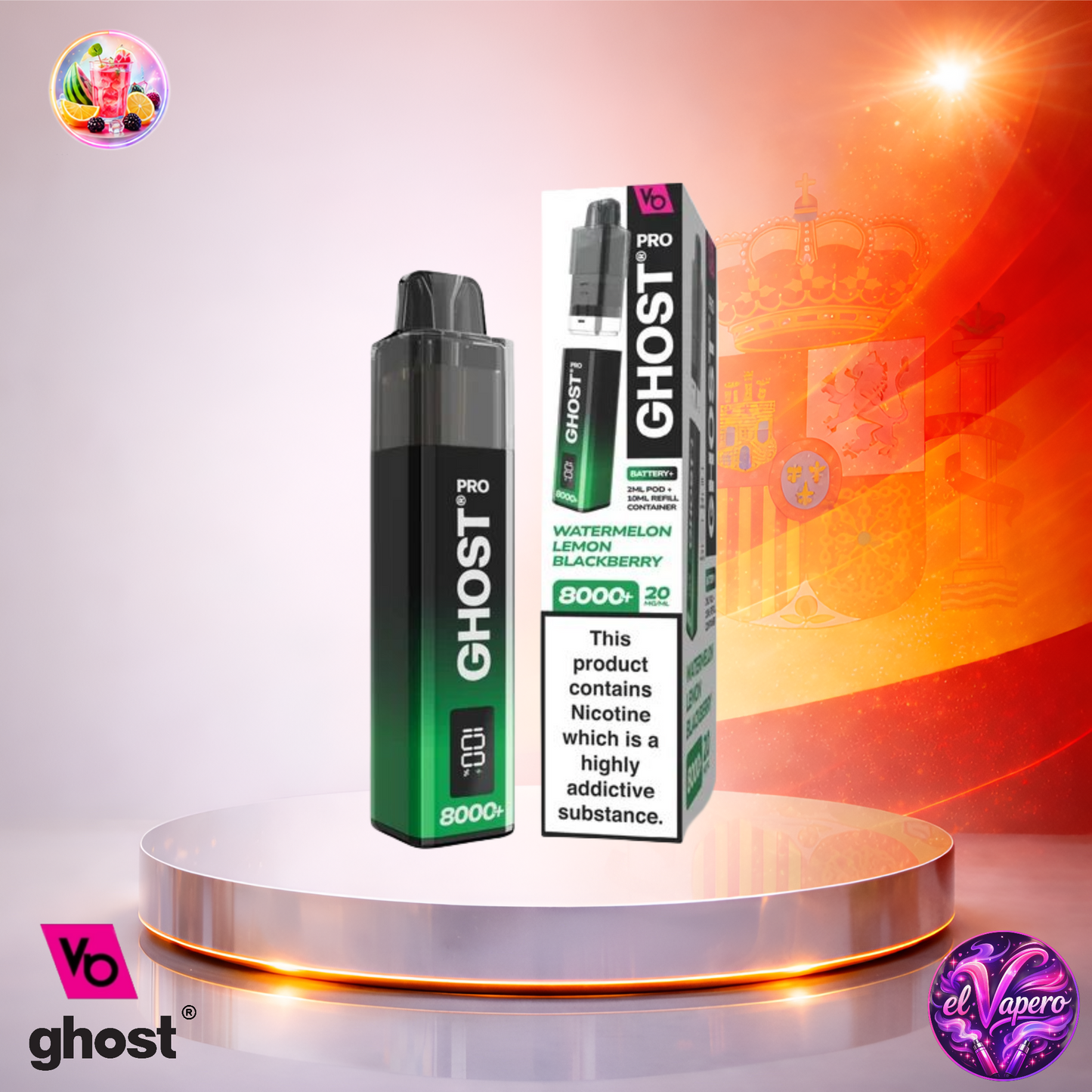 Vaper desechable Ghost Pro 8K España Watermelon Lemon Blackberry con hasta 8000 caladas y sabor a sandía, limón y mora