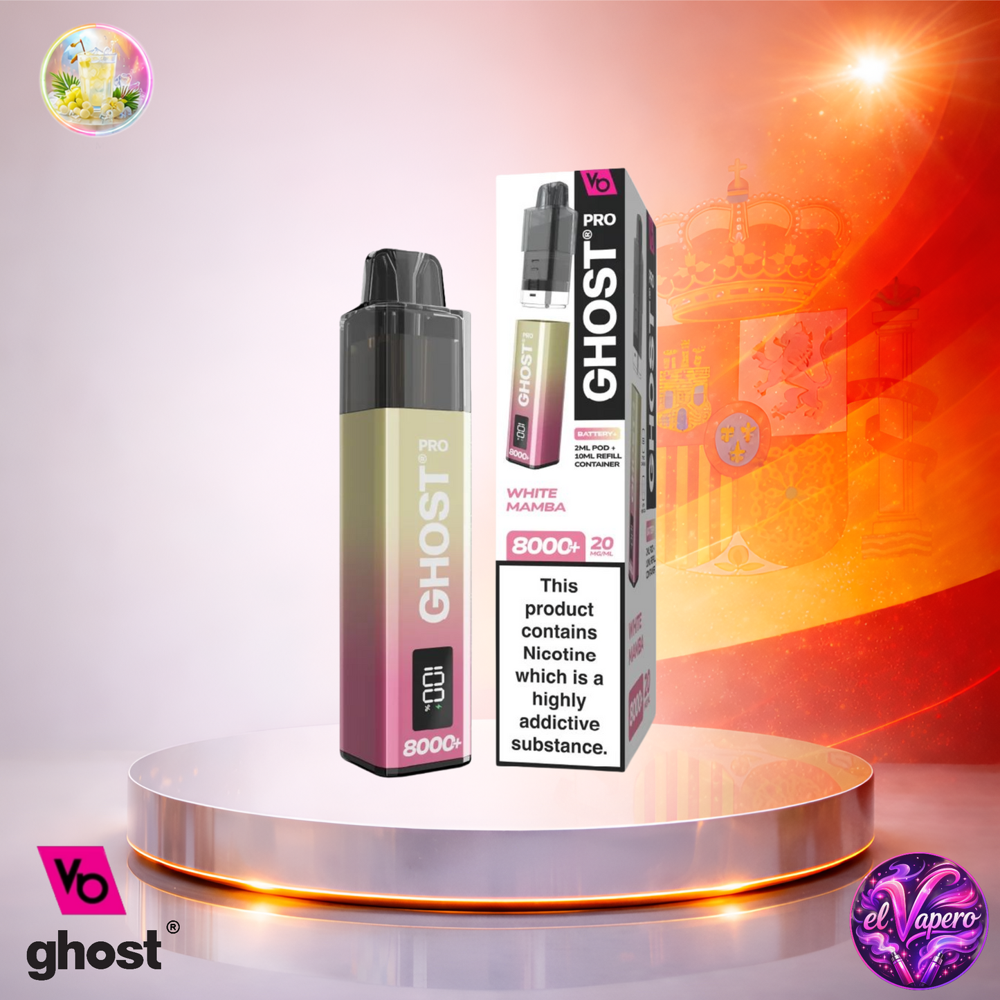 Vape desechable Ghost Pro 8K España White Mamba con hasta 8000 caladas y refrescante sabor tropical