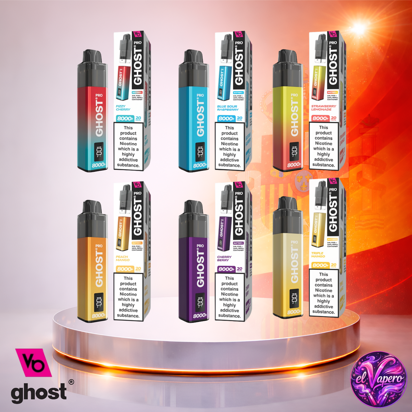 Vaper desechable Ghost Pro 8K España Mix 4 con hasta 8000 caladas y variedad de sabores
