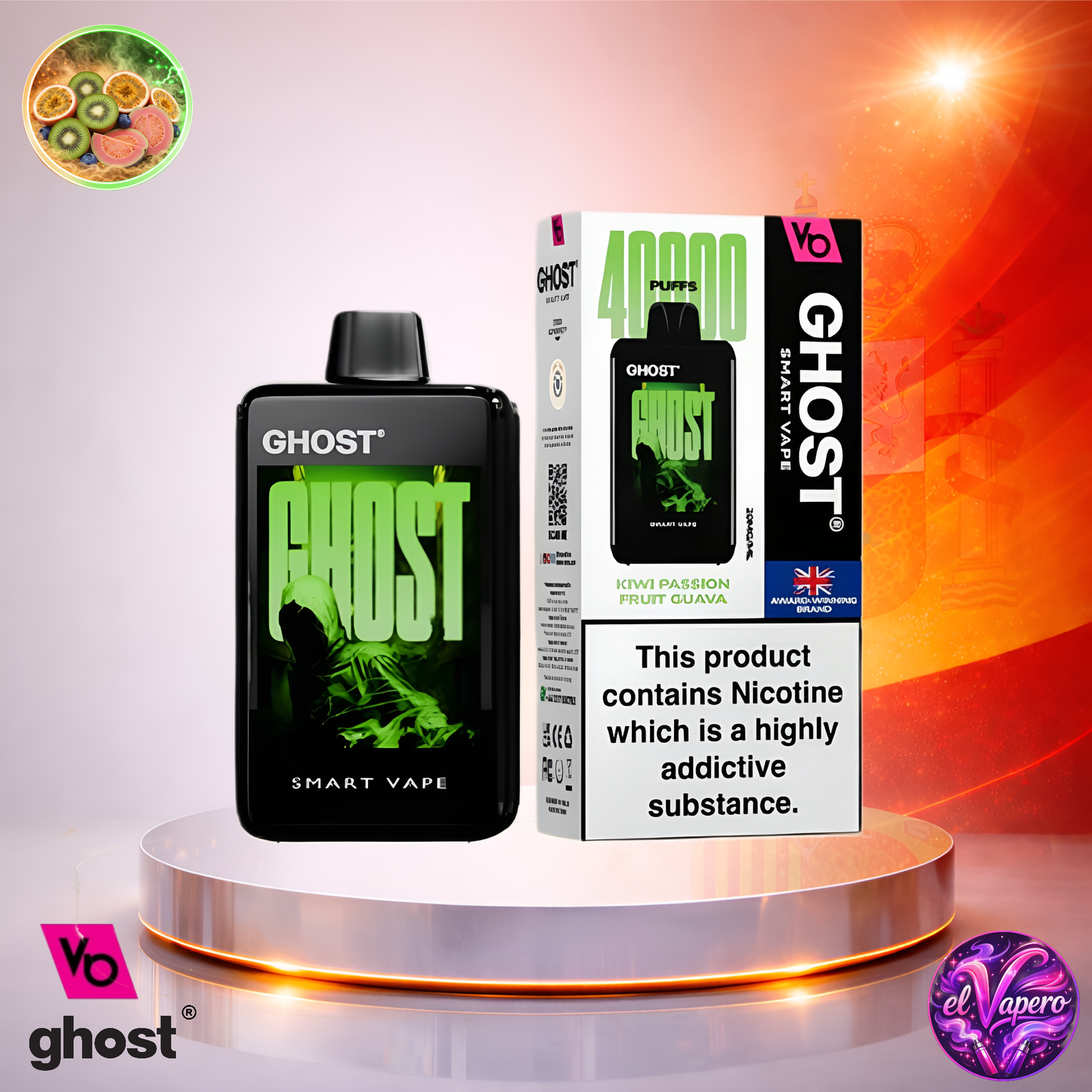 Vapers Desechables - Cigarrillo electrónico - España - Ghost - Smart Vape - 40K- Kiwi Passion Fruit Guava 40000 Caladas - Más baratos
