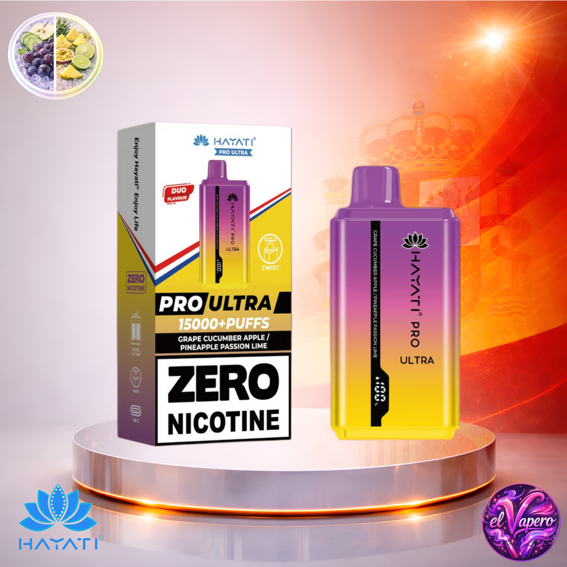 Vapers Desechables - Cigarrillo Electrónico - España - Hayati Pro Ultra 15K - Grape Cucumber Apple Pineapple Passion Lime - 0 Nicotina - 15000 Caladas - Los más baratos