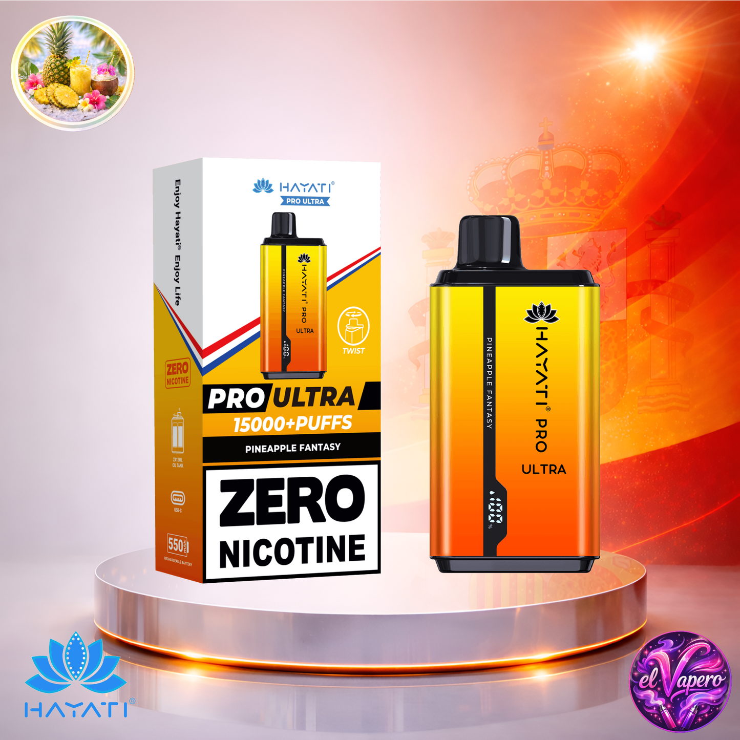 Vapers Desechables - Cigarrillo Electrónico - España - Hayati Pro Ultra 15K - Pineapple Fantasy - 0 Nicotina - 15000 Caladas - El mejor precio