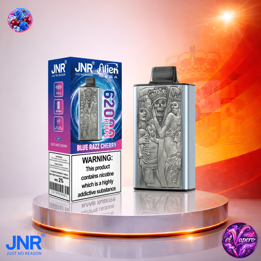 Vaper desechable JNR Alien Mega 62K España Blue Razz Cherry con hasta 62000 caladas y sabor intenso a frambuesa azul y cereza.