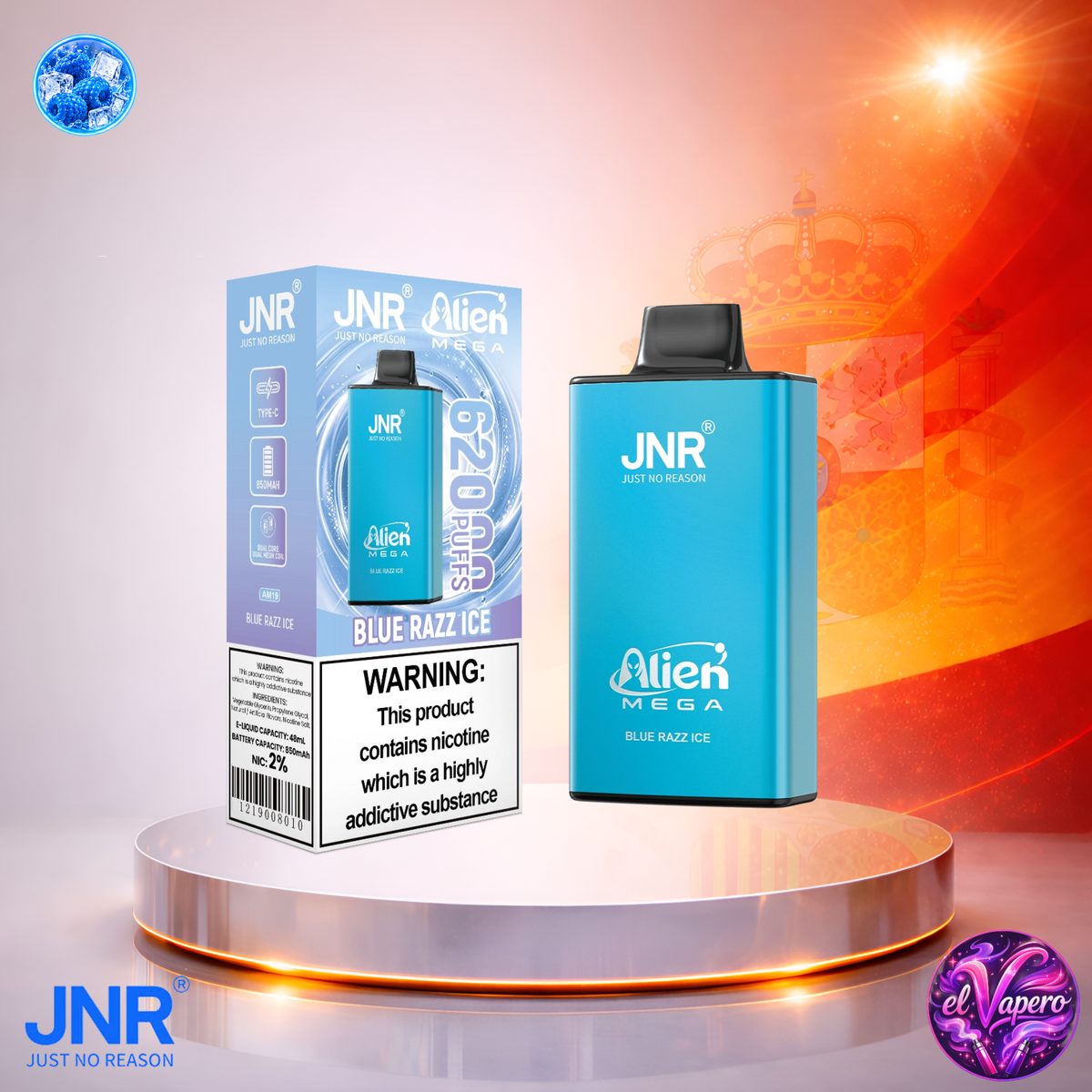 Vaper desechable JNR Alien Mega 62K España Blue Razz Ice con hasta 62000 caladas y refrescante sabor a frambuesa azul helada.