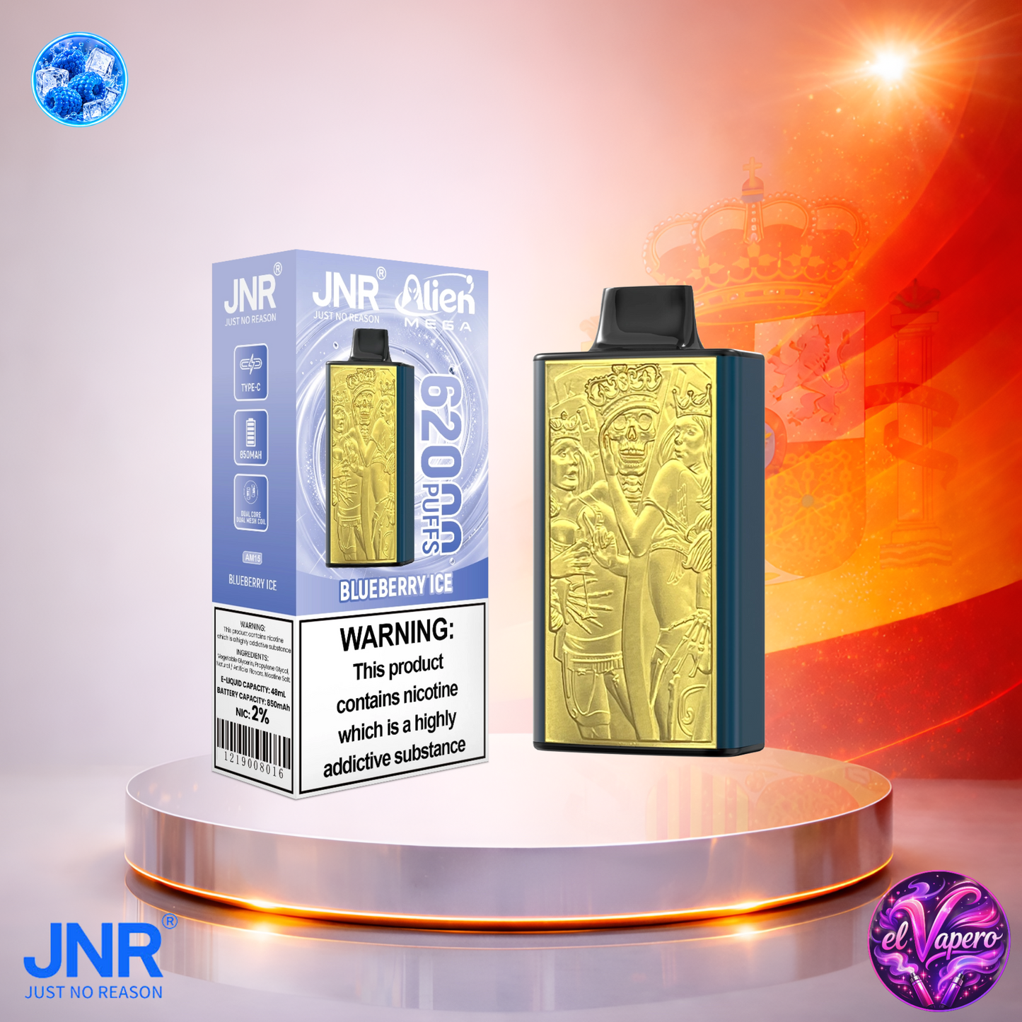 Vape desechable JNR Alien Mega 62K España Blueberry Ice con hasta 62000 caladas y refrescante sabor a arándano helado.
