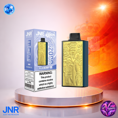 Vape desechable JNR Alien Mega 62K España Blueberry Ice con hasta 62000 caladas y refrescante sabor a arándano helado.