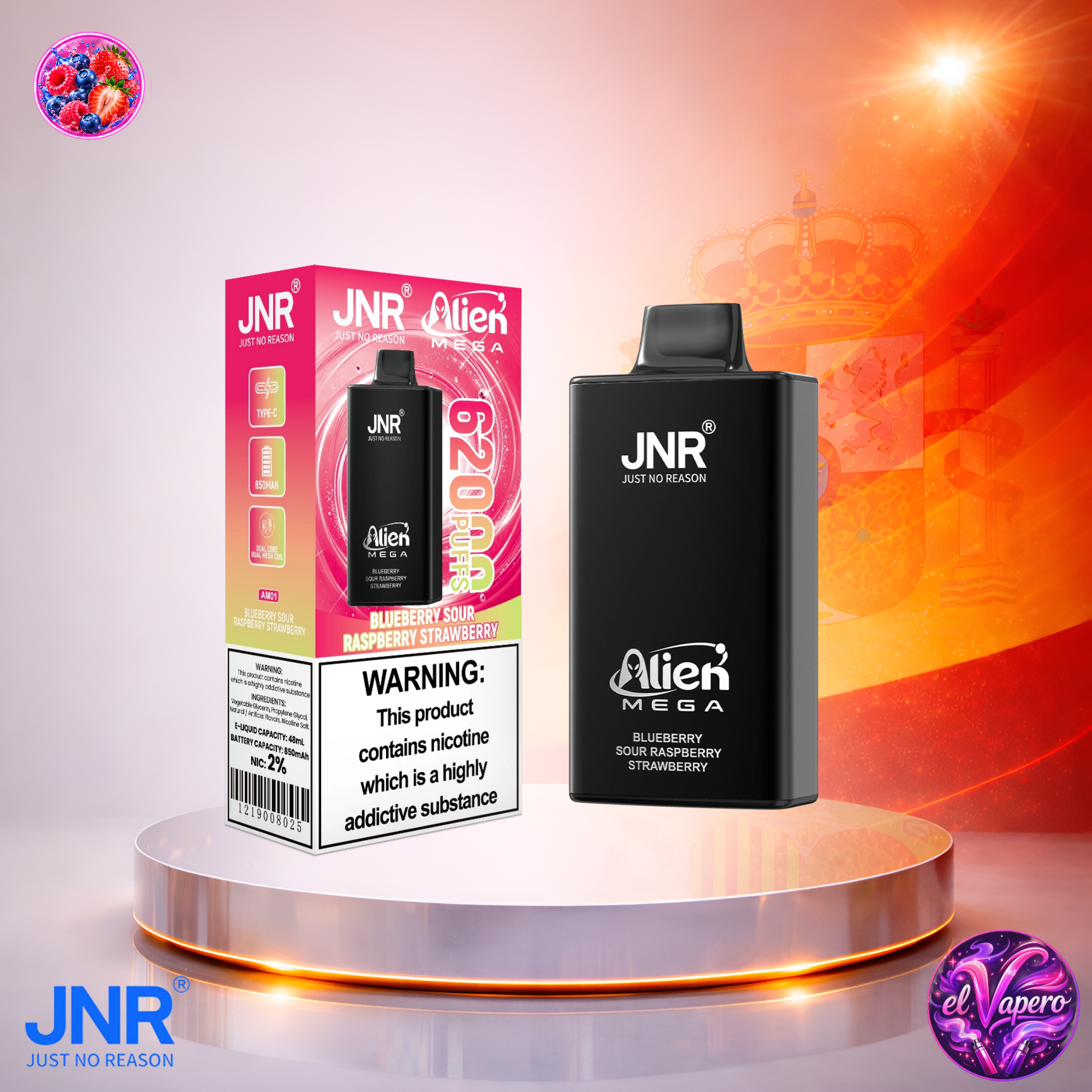 Vaper desechable JNR Alien Mega 62K España Blueberry Sour Raspberry Strawberry con hasta 62000 caladas y sabor ácido a arándano, frambuesa y fresa.