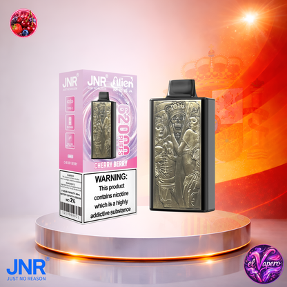 Vape desechable JNR Alien Mega 62K España Cherry Berry con hasta 62000 caladas y delicioso sabor a cereza y frutos rojos.