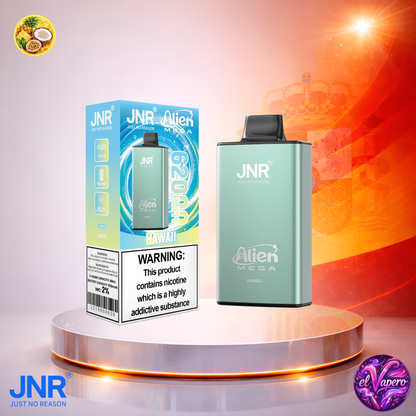 Vaper desechable JNR Alien Mega 62K España Hawall con hasta 62000 caladas y sabor tropical afrutado.