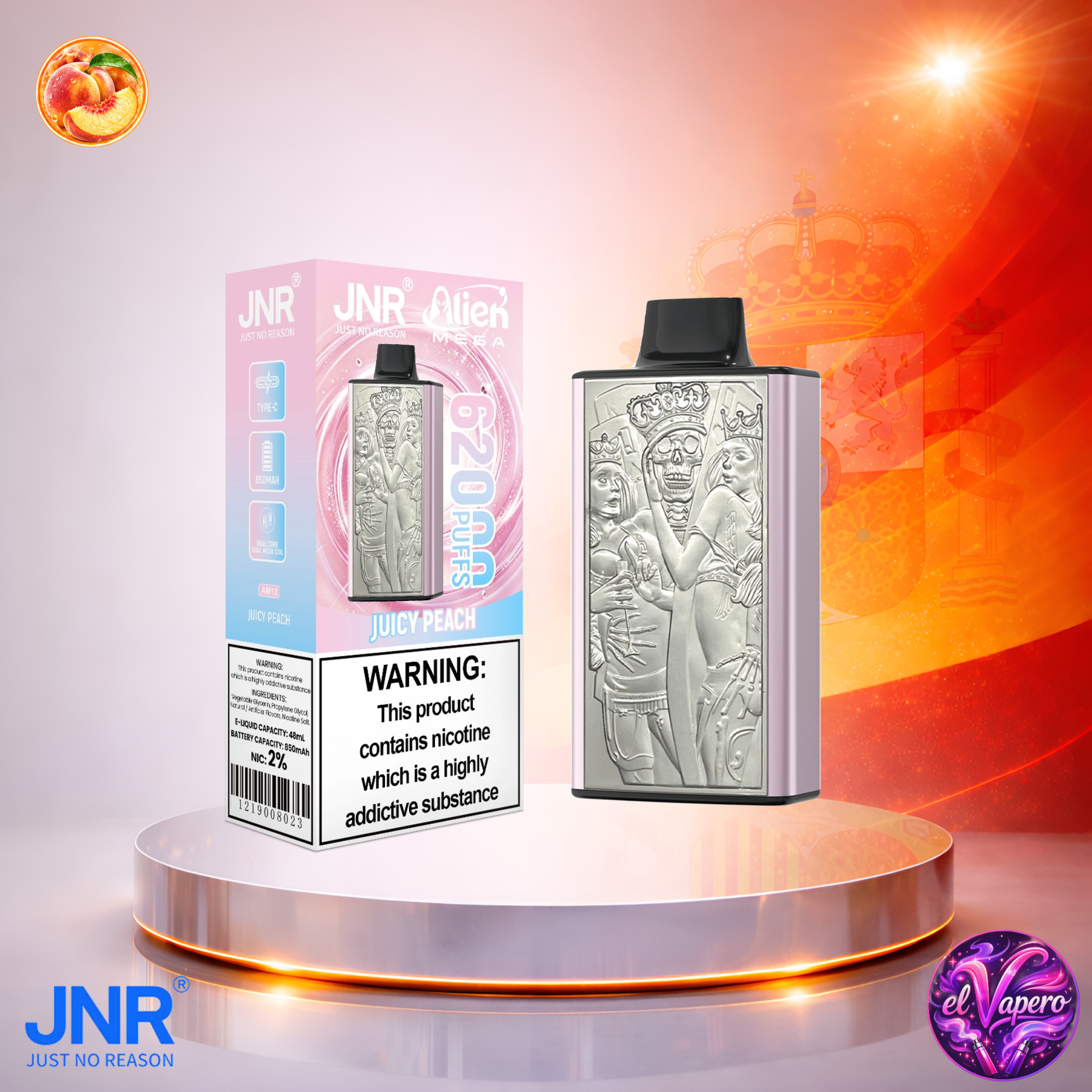 Vaper desechable JNR Alien Mega 62K España Juicy Peach con hasta 62000 caladas y delicioso sabor a melocotón.
