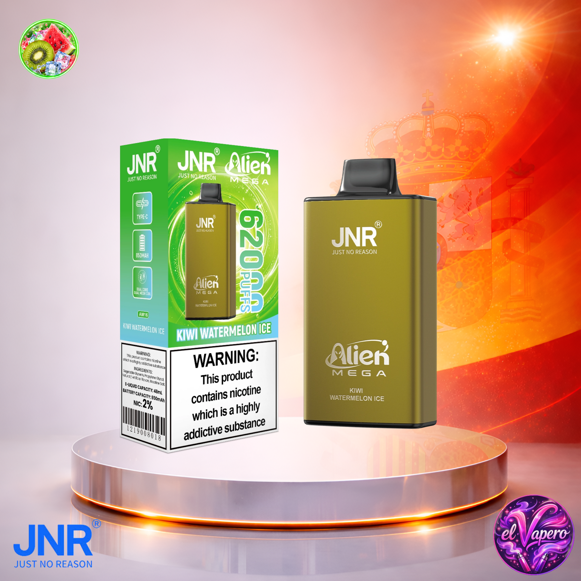 Vaper desechable JNR Alien Mega 62K España Kiwi Watermelon Ice con hasta 62000 caladas y refrescante sabor a kiwi y sandía helada.