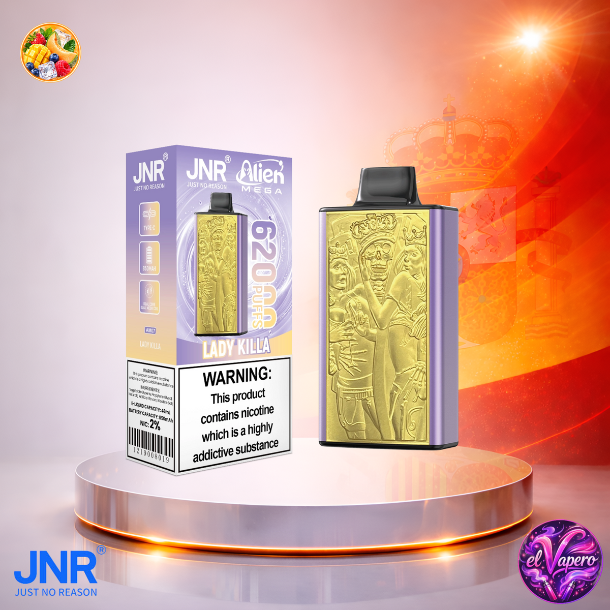 Vaper desechable JNR Alien Mega 62K España Lady Killa con hasta 62000 caladas y delicioso sabor tropical afrutado.