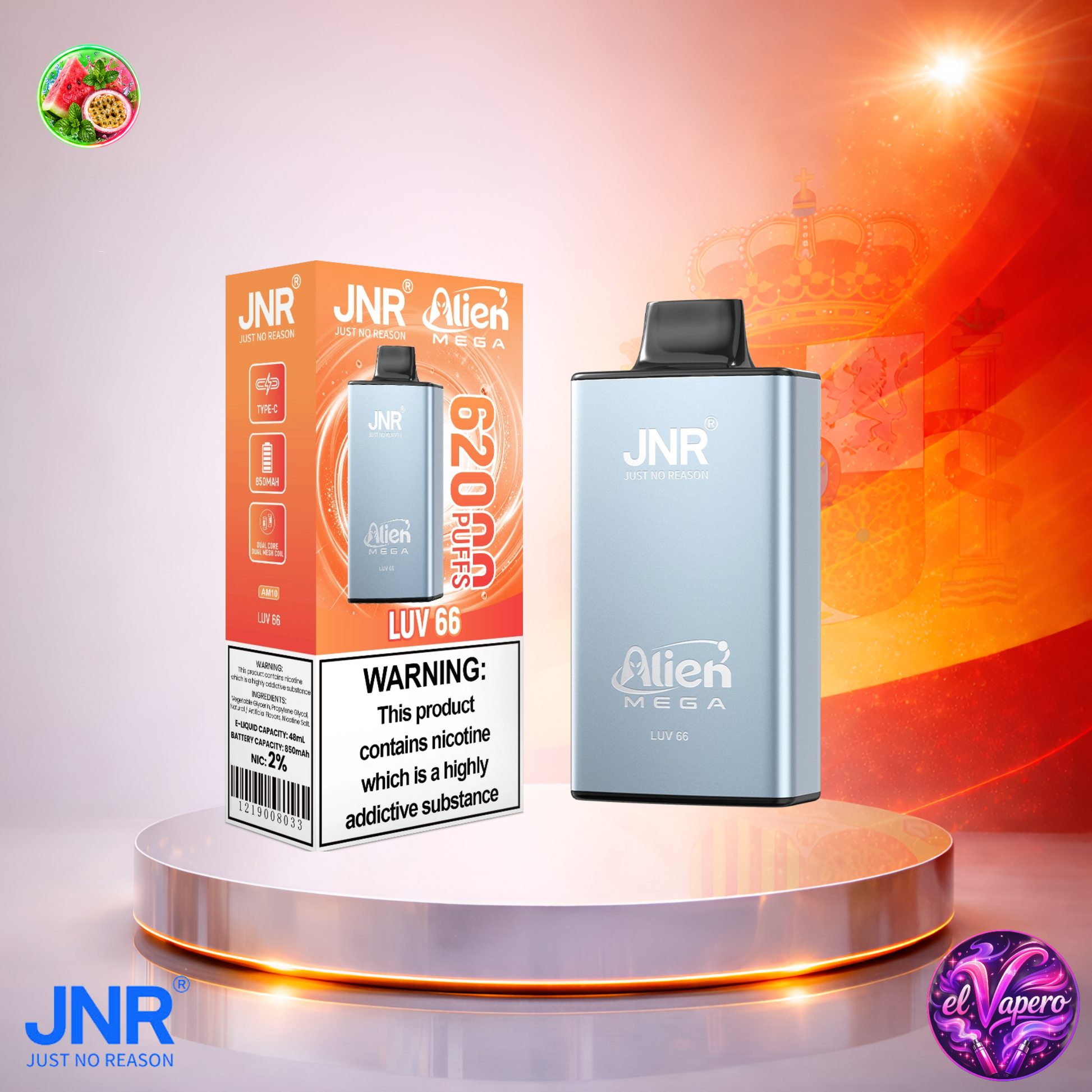 Vaper desechable JNR Alien Mega 62K España Luv 66 con hasta 62000 caladas y sabor tropical afrutado.