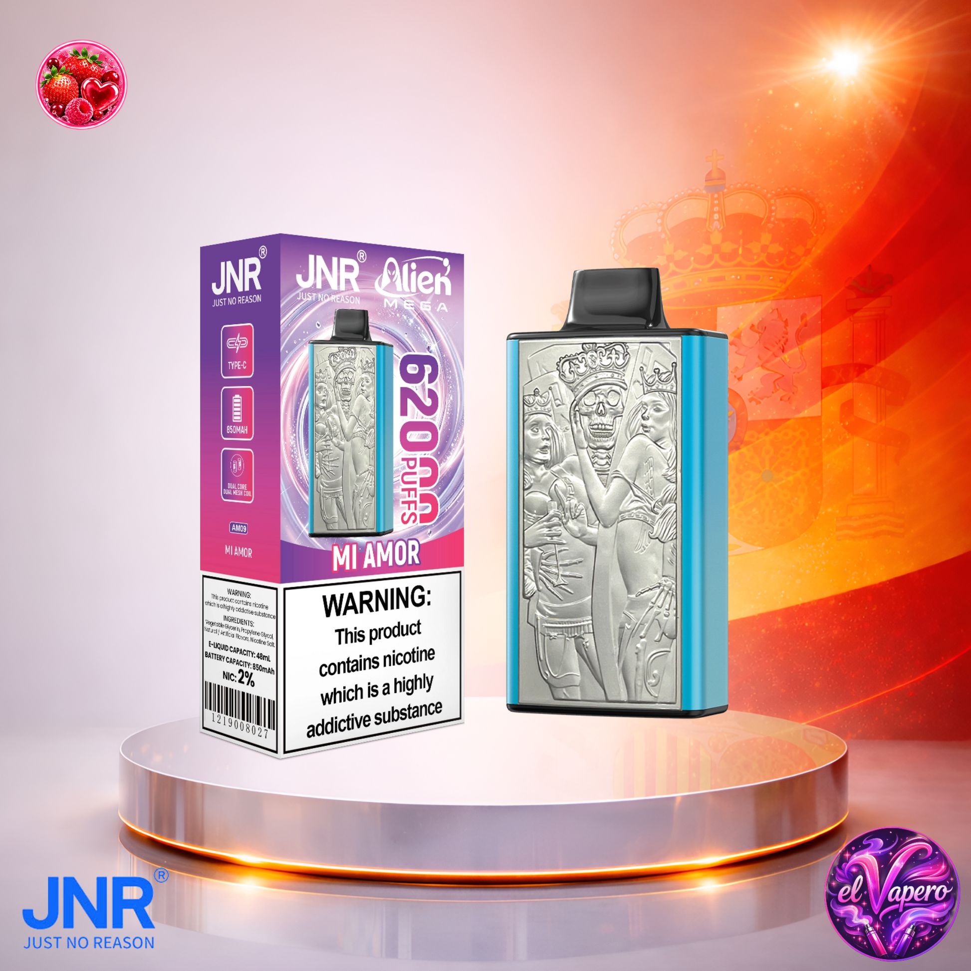 Vaper desechable JNR Alien Mega 62K España Mi Amor con hasta 62000 caladas y delicioso sabor tropical afrutado.