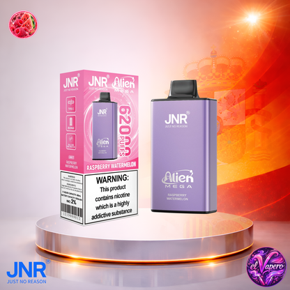 Vaper desechable JNR Alien Mega 62K España Raspberry Watermelon con hasta 62000 caladas y refrescante sabor a frambuesa y sandía.